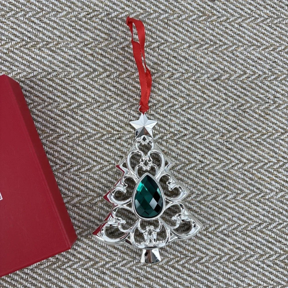 Lenox Ornament Christmas Bejeweled Tree Silver Plate Green Crystal